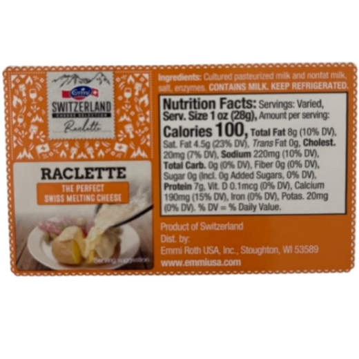 Emmi Raclette Cheese from Switzerland, square, full piece – RacletteCorner