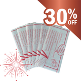 fanned out white cheese paper with red text