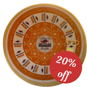 Emmi Raclette Cheese from Switzerland, full wheel, round, 11 lbs.