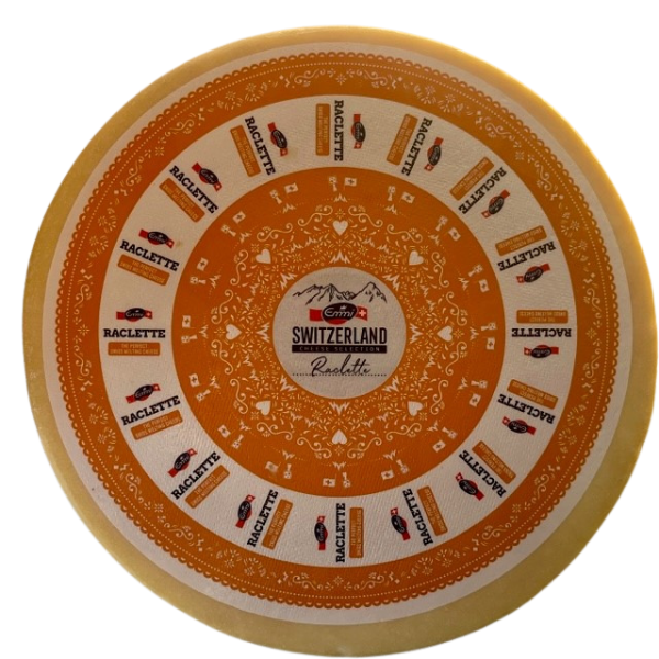 Emmi Raclette Cheese from Switzerland, round, full wheel – RacletteCorner