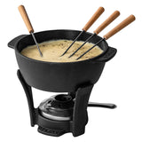 Fondue Set Party Pro Black fondue pot with four wooden fondue forks and melted cheese inside on a white background