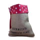 Potato bag to keep potatoes or bread for a raclette or fondue dinner, burlap on the otside, fabric with the Swiss Flag inside.