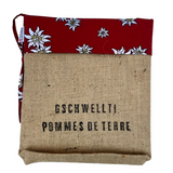 Potato or bread bag, wine-red, edelweiss with burlap