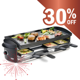 A multi-level electric grill with a black griddle surface cooking meat and vegetables, with two sliding pull-out trays below, shown on a white background with a red '30% OFF' promotional banner.